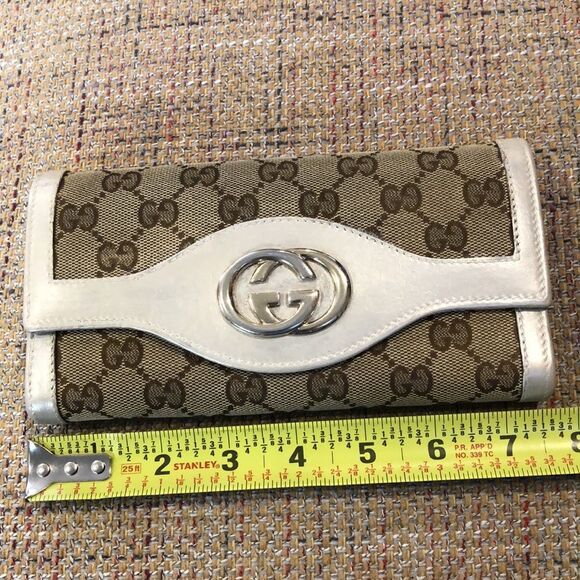 GUCCI Continental Silver and Gold Leather & Canvas Wallet with GG Clasp NWOT - Picture 10 of 17